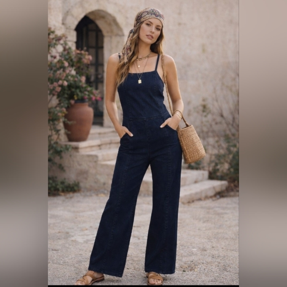 Ella Moss Blue Denim Sleevless Wide Leg Jumpsuit Size 29